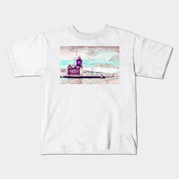 "Holland Harbor Lighthouse" - Michigan Fluid Art Lighthouse Collection Kids T-Shirt by Colette22